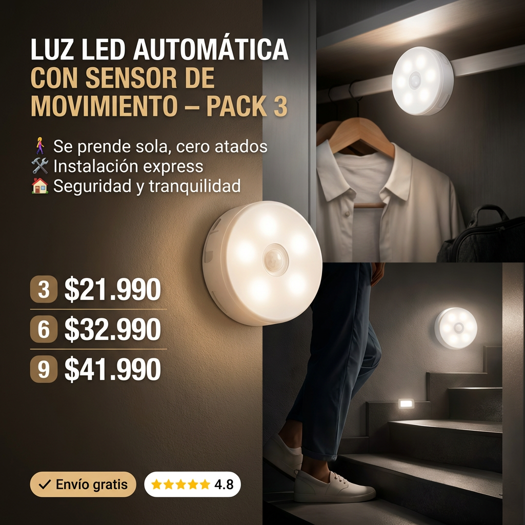 LUZ LED AUTOMATICA CON SENSOR DE MOVIMIENTO – PACK 3