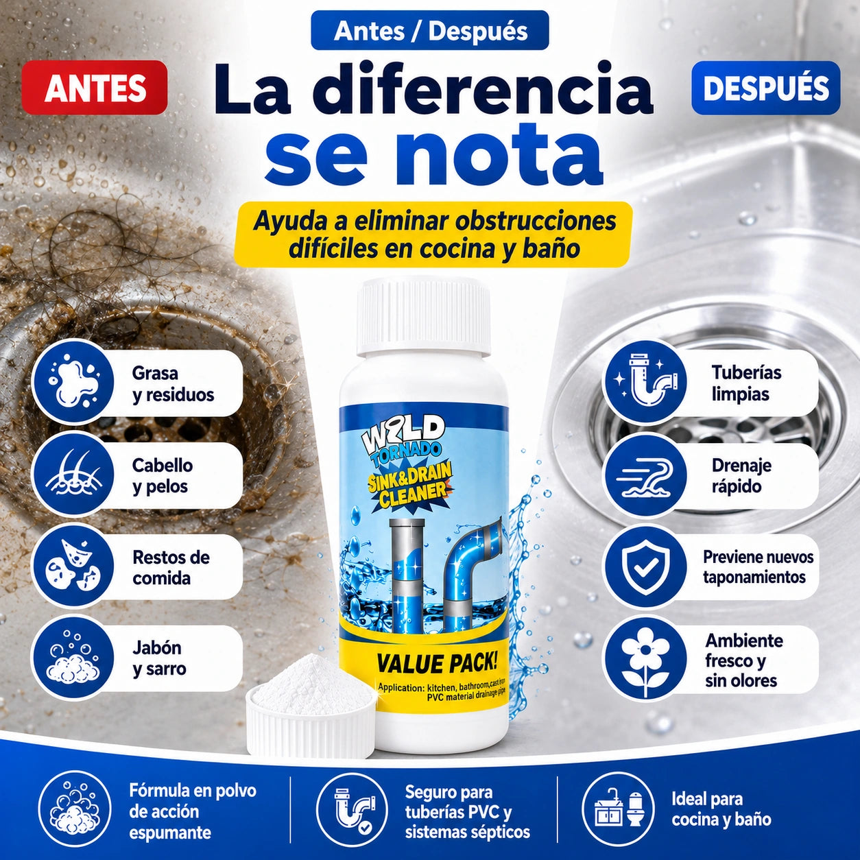 Limpiador de Desagüe Pack 3x1